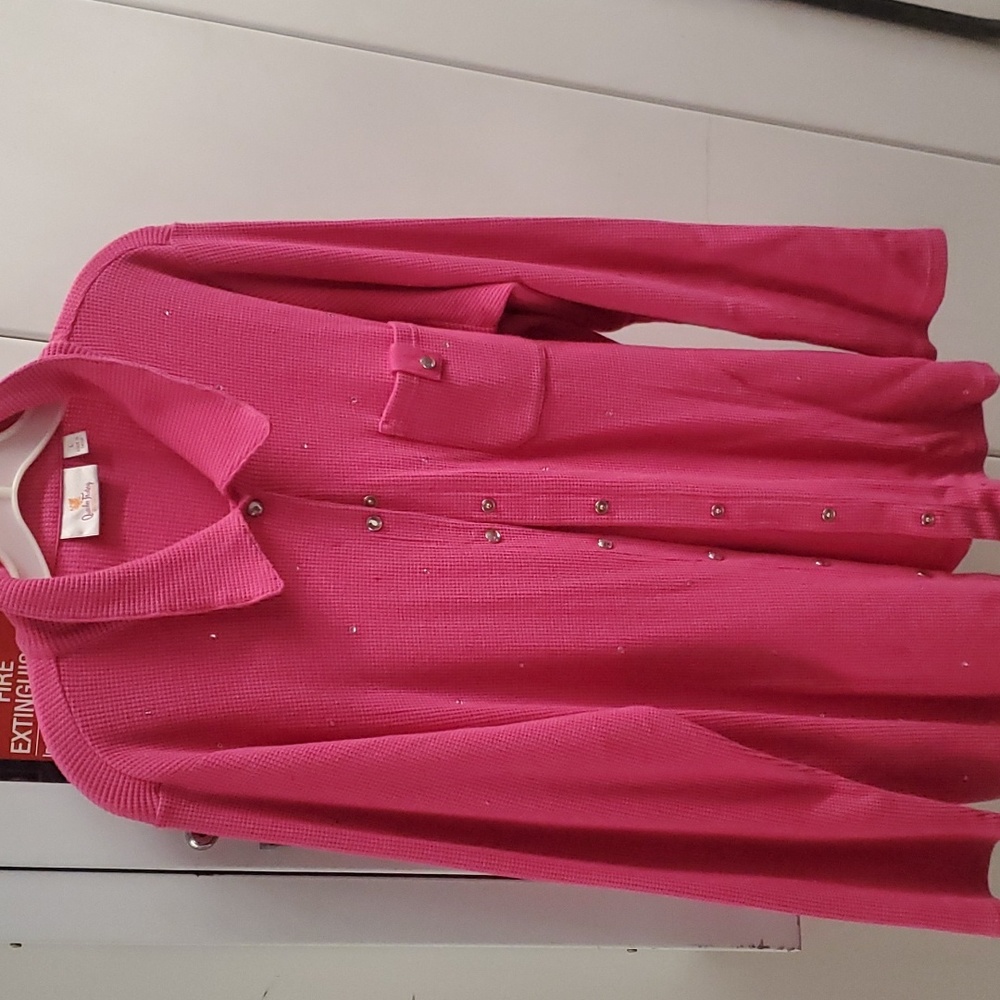 New Quaker Factory Pink Jeweled Bling Shirt Jacket size L Bling Button Up